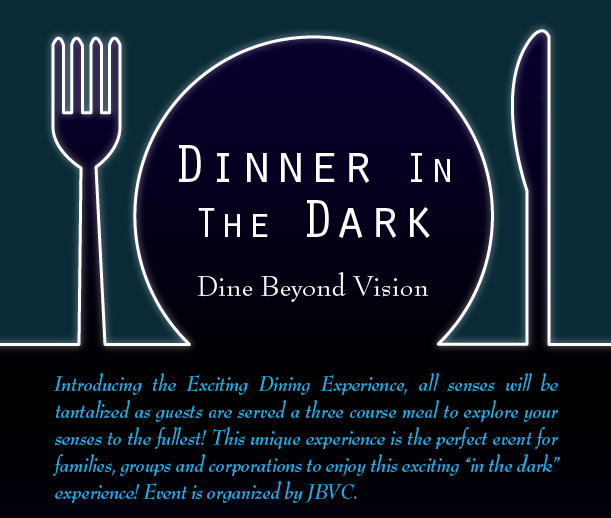 Dine in the dark Chinese poster with a plate, a knife, a fork and brief description